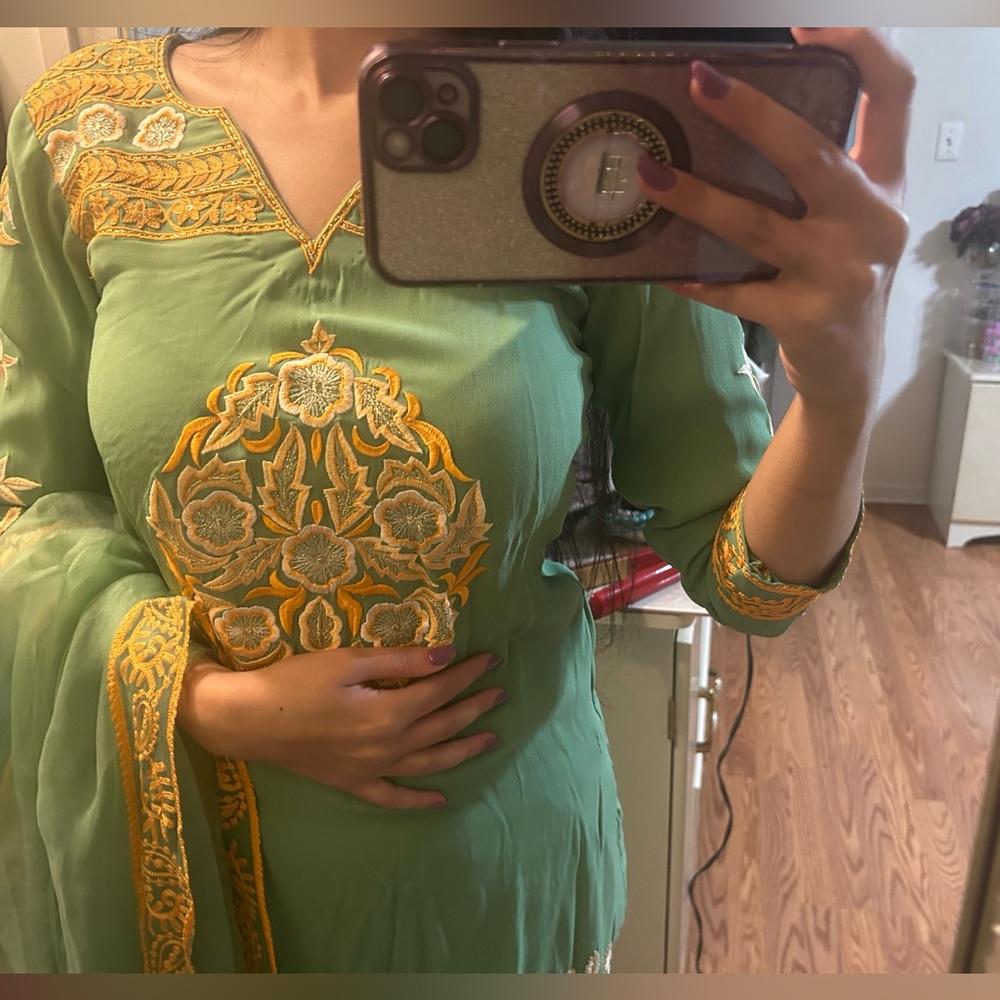Mint georgette kameez and trousers with printed dupatta